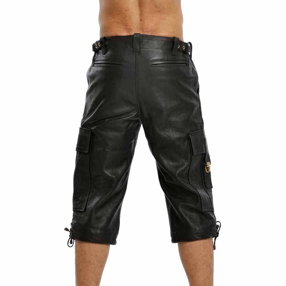 Rear perspective of men's long-leg leather cargo shorts showing rear welt pockets, side waist adjustment buckle tabs, and below-the-knee hem drawstrings.