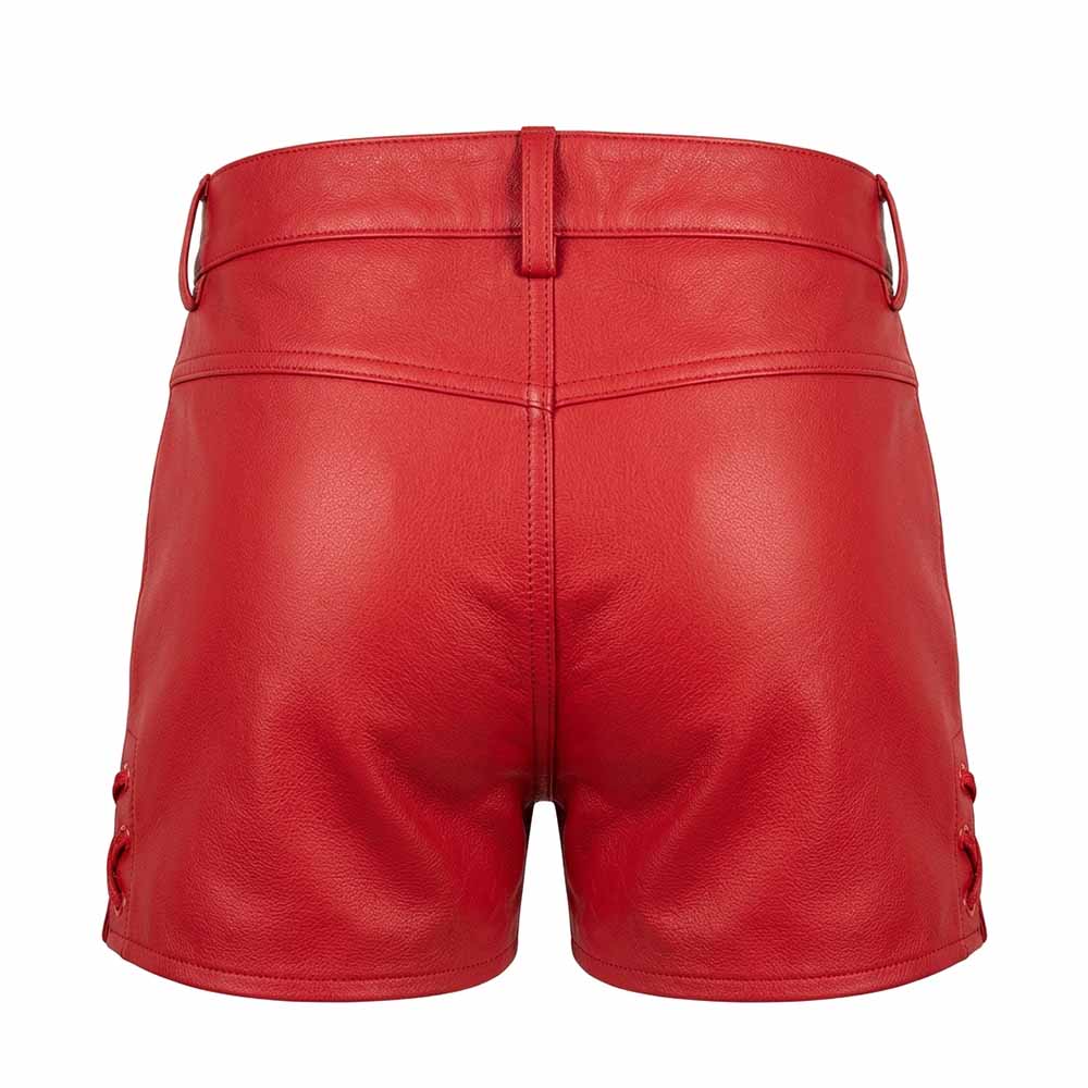 Back view of men's red real leather short shorts showing fitted back yoke, belt loops, side hem lace-up detailing, and clean hemmed legs.