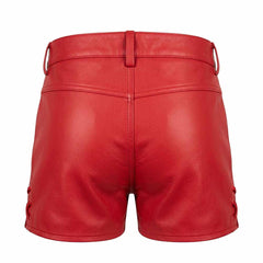Back view of men's red real leather short shorts showing fitted back yoke, belt loops, side hem lace-up detailing, and clean hemmed legs.
