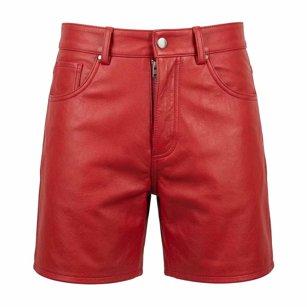 Front view of men's short red genuine leather hot shorts featuring 5-pocket layout, coin pocket, metallic button waist, and zip fly.