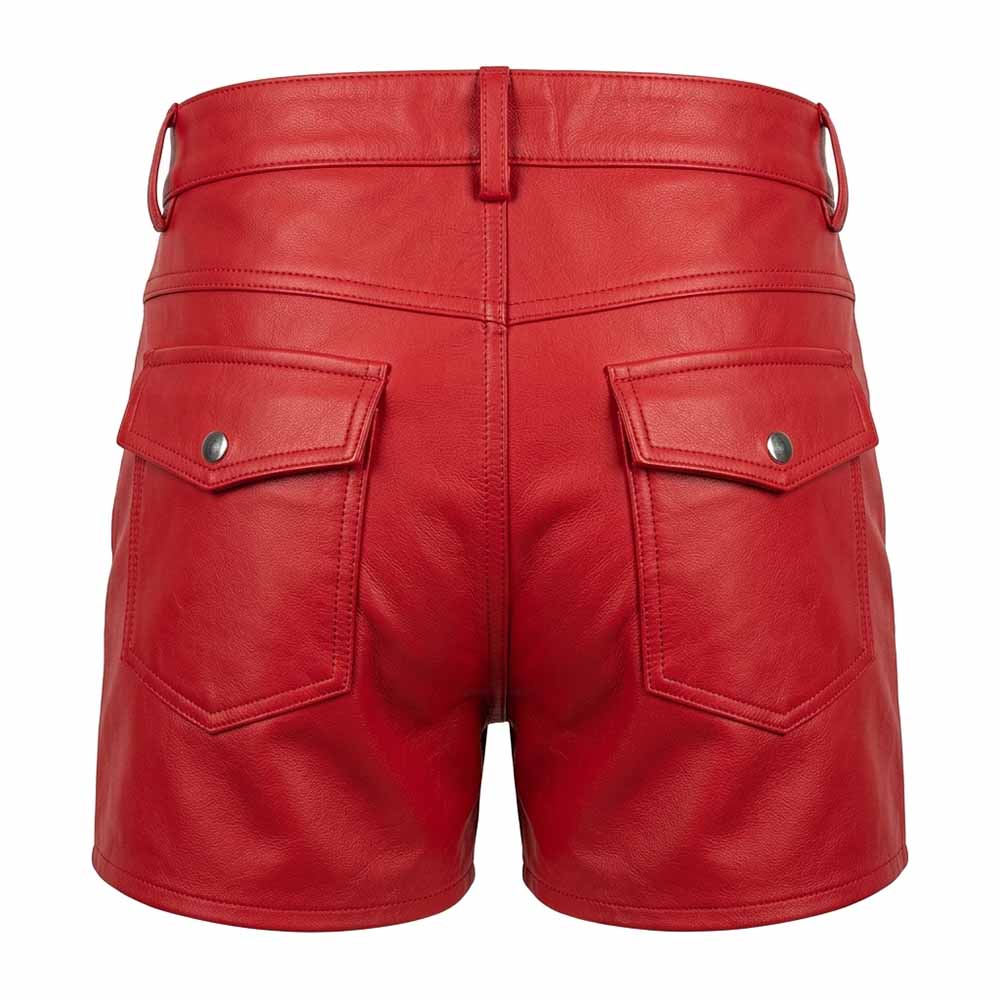 Back view of men's red real leather short shorts showing twin snap-button flap patch pockets, fitted waistband, and belt loops.