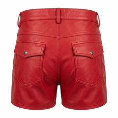 Back view of men's red real leather short shorts showing twin snap-button flap patch pockets, fitted waistband, and belt loops.