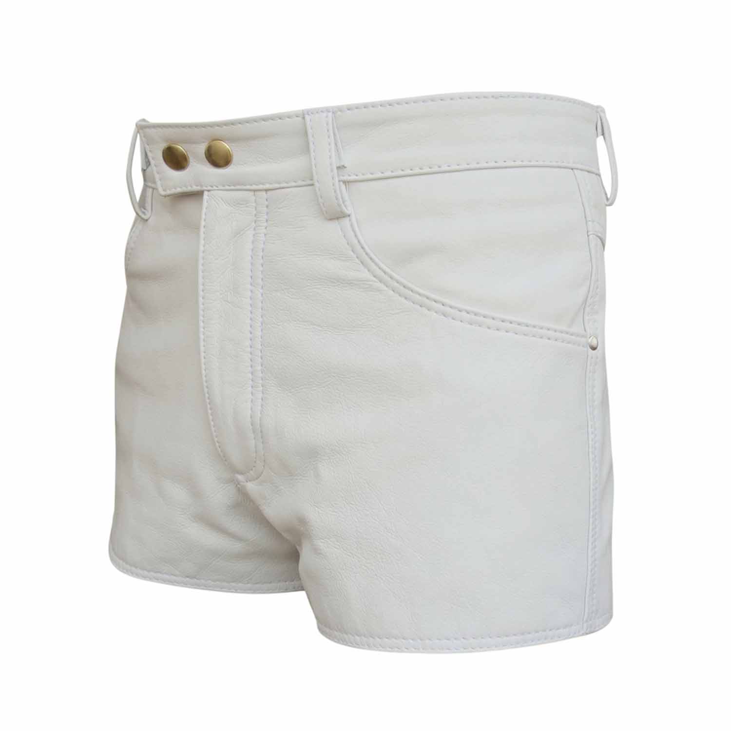 Three-quarter side angle of men's white genuine leather shorts showing front slash pocket, double metallic snap buttons, and belt loops.