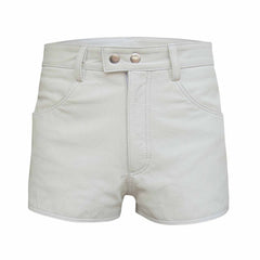 Straight front view of men's fitted white leather shorts featuring double snap waist closure, YKK zip fly, and deep front pockets.