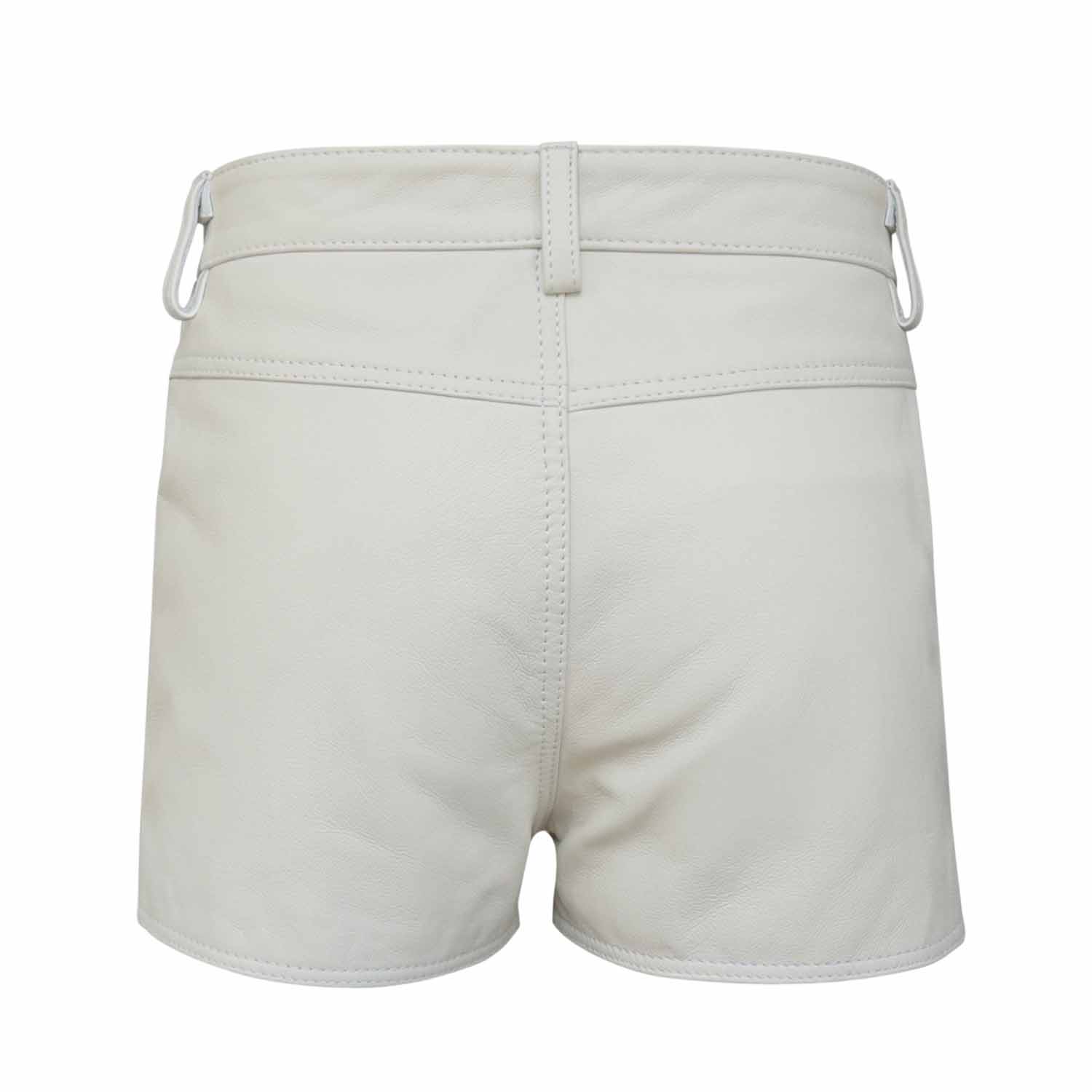Back view of men's short white real leather shorts showcasing back yoke seam, center stitch detail, wide belt loops, and clean hemmed legs.