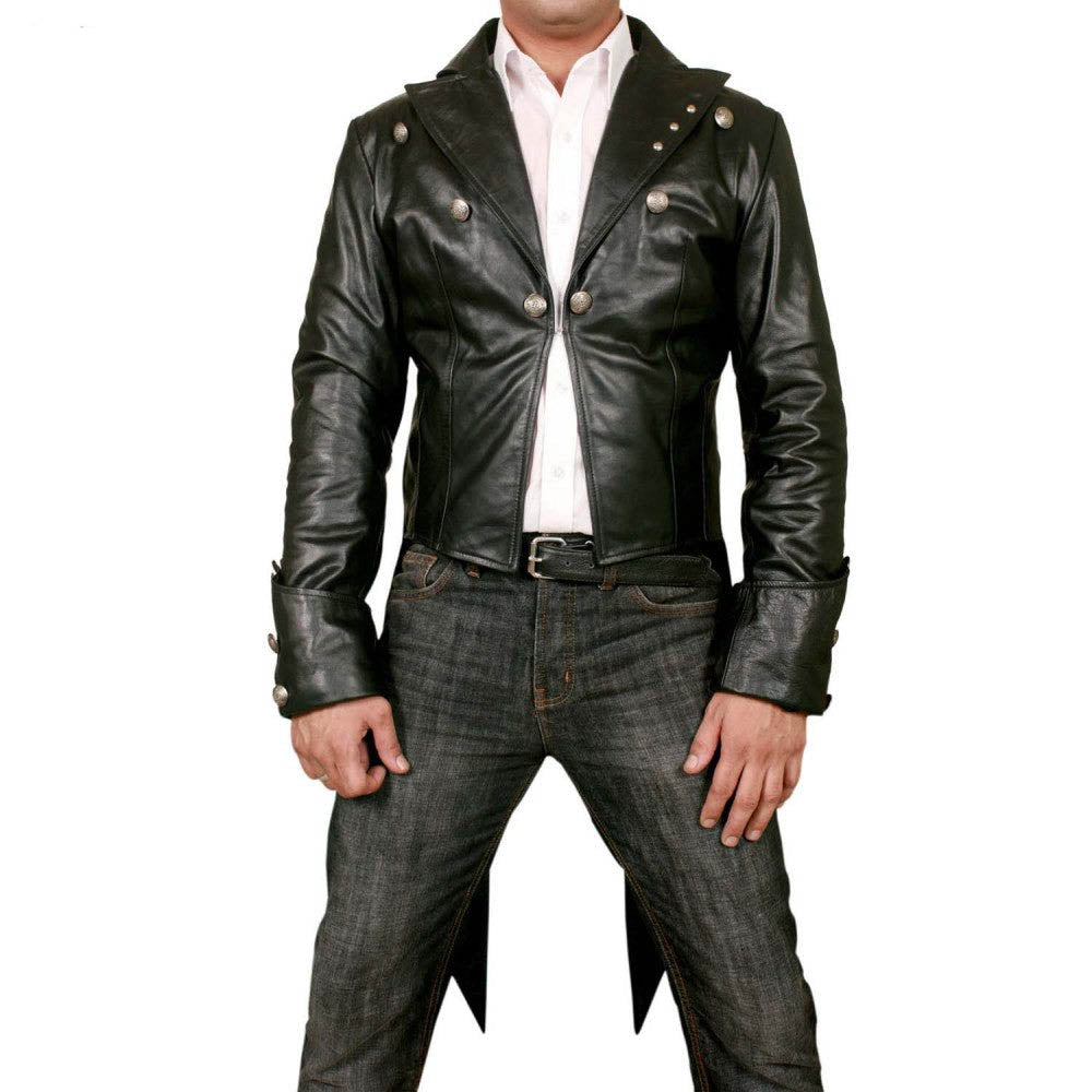 Front view of a men's 100% real leather steampunk tailcoat jacket featuring metal lapel buttons and folded gauntlet cuffs.