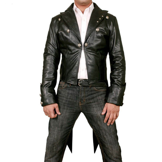 Front view of a men's 100% real leather steampunk tailcoat jacket featuring metal lapel buttons and folded gauntlet cuffs.