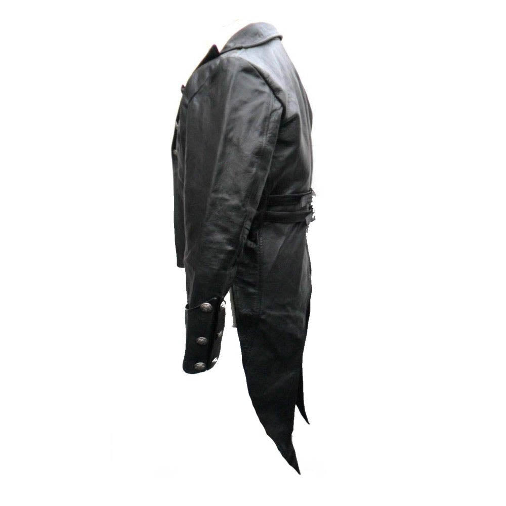Side profile view of a men's black real leather steampunk tailcoat displaying the split tail hem and military cuffed sleeve.