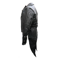 Side profile view of a men's black real leather steampunk tailcoat displaying the split tail hem and military cuffed sleeve.