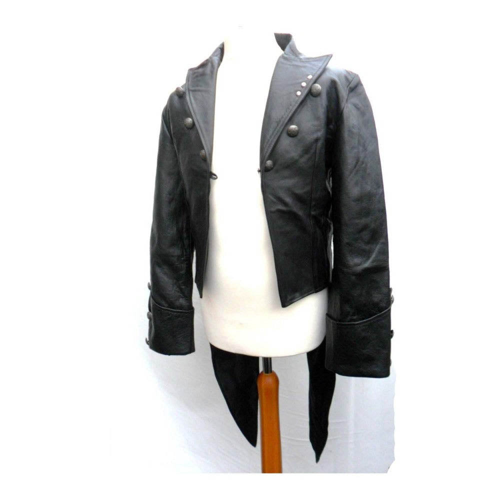 A black leather jacket with silver-tone buttons, displayed on a white mannequin torso against a white background.