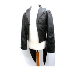 A black leather jacket with silver-tone buttons, displayed on a white mannequin torso against a white background.