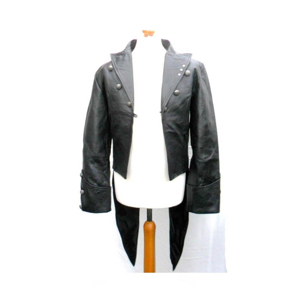 Front view of a men's 100% real leather steampunk tailcoat jacket featuring metal lapel buttons and folded gauntlet cuffs.