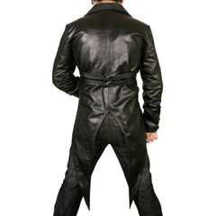Back view of a men's black leather gothic morning dress coat showing the split tails and twin adjustable D-ring waist belts.