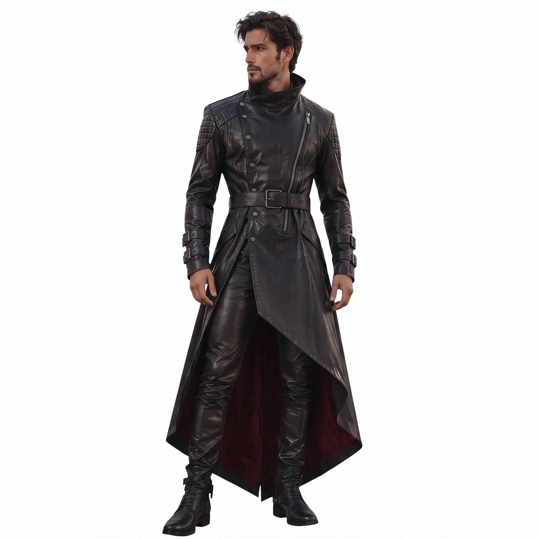 Full-body front view of a man modeling the black leather assassin trench coat, showing the asymmetric zip front, quilted diamond shoulders, buckled waist belt, and handkerchief hem (pants and boots not included).