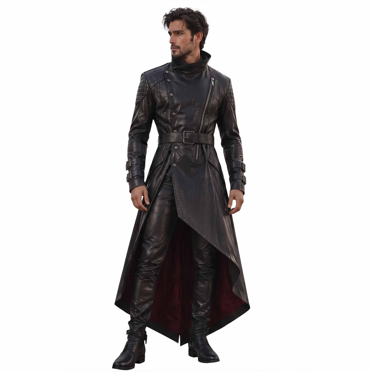 Full-body front view of a man modeling the black leather assassin trench coat, showing the asymmetric zip front, quilted diamond shoulders, buckled waist belt, and handkerchief hem (pants and boots not included).