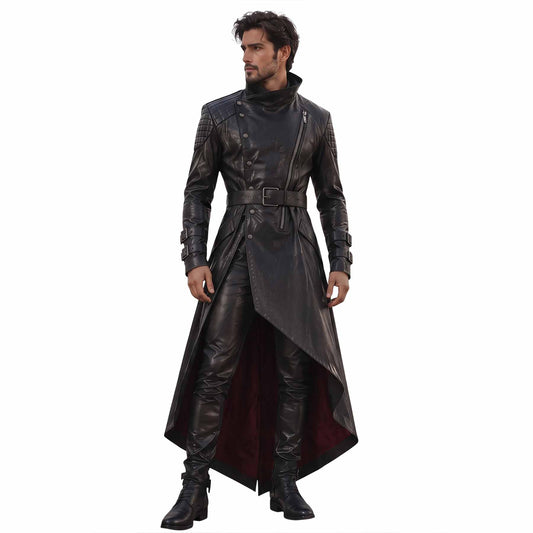 Full-body front view of a man modeling the black leather assassin trench coat, showing the asymmetric zip front, quilted diamond shoulders, buckled waist belt, and handkerchief hem (pants and boots not included).