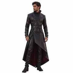Full-body front view of a man modeling the black leather assassin trench coat, showing the asymmetric zip front, quilted diamond shoulders, buckled waist belt, and handkerchief hem (pants and boots not included).