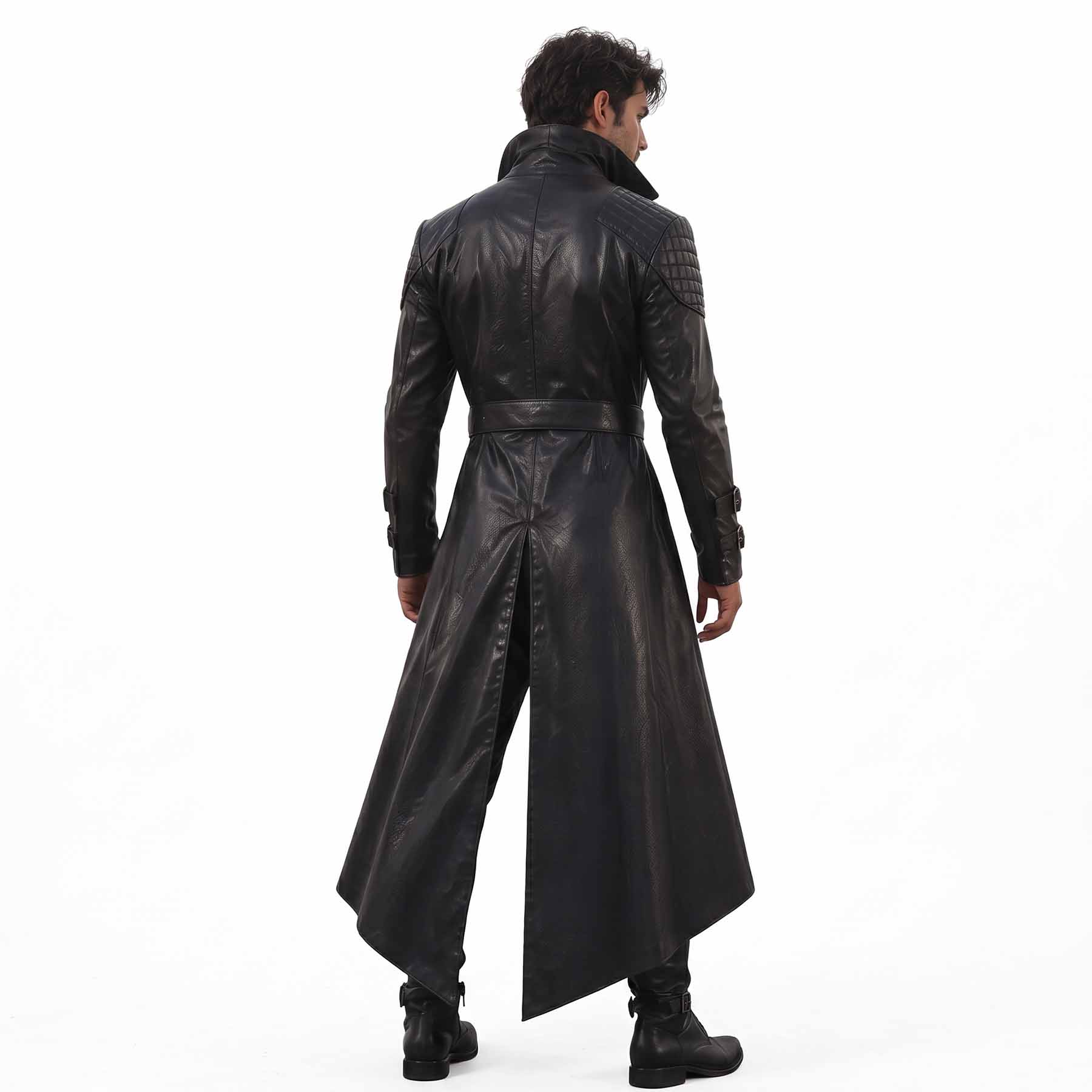 Full-body rear view of the men's long black leather gothic warrior coat featuring a high standing collar, structured back panels, and a dramatic split tail hem (trousers and boots not included).
