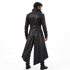 Full-body rear view of the men's long black leather gothic warrior coat featuring a high standing collar, structured back panels, and a dramatic split tail hem (trousers and boots not included).