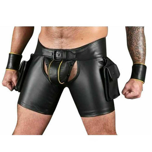 Men's Black Cowhide Leather Chaps Shorts Leather Chaps Shorts With Wrist Bands
