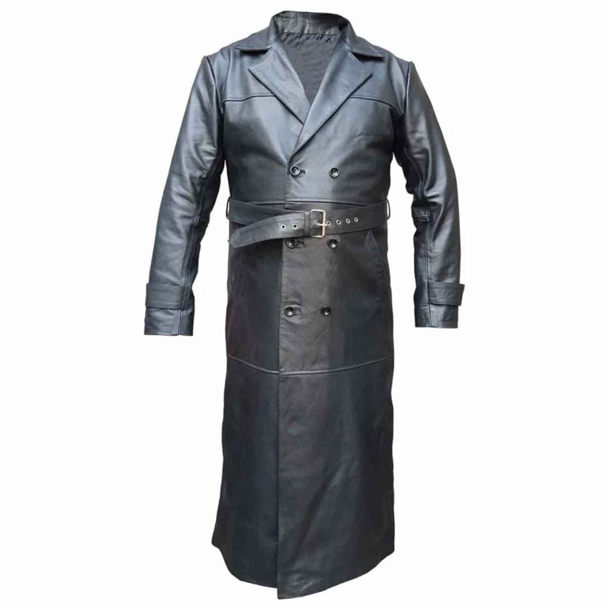 Full front view of a men's black cowhide leather full-length trench coat with double-breasted buttons and buckled waist belt.