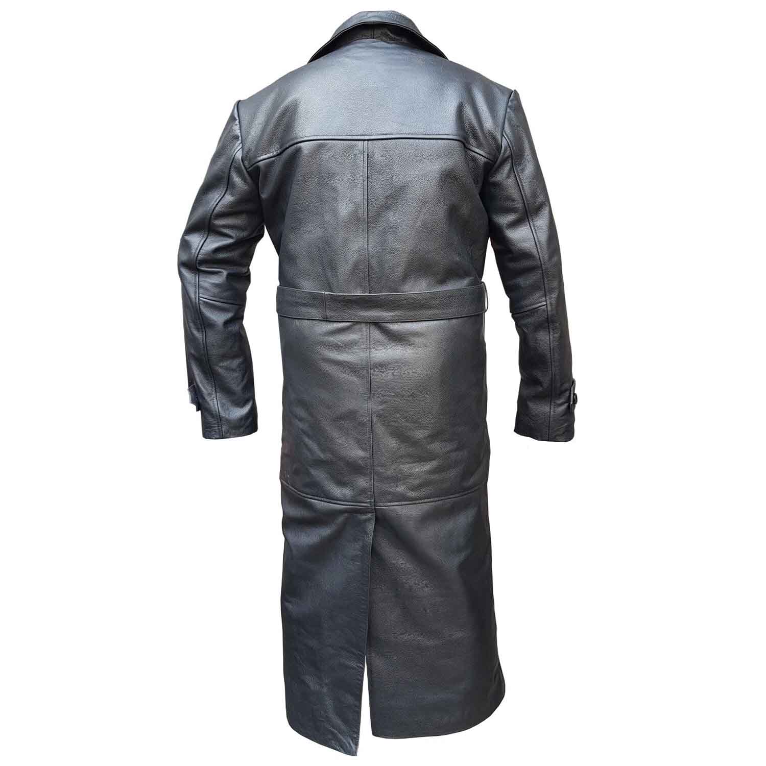 Back view of a long black real leather duster coat showing structured shoulder seams, waist belt, and deep center rear vent split.