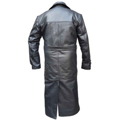 Back view of a long black real leather duster coat showing structured shoulder seams, waist belt, and deep center rear vent split.
