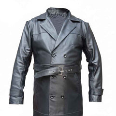 Upper torso view of a men's black leather trench coat highlighting the lapel collar, front buttons, and waist buckle details.
