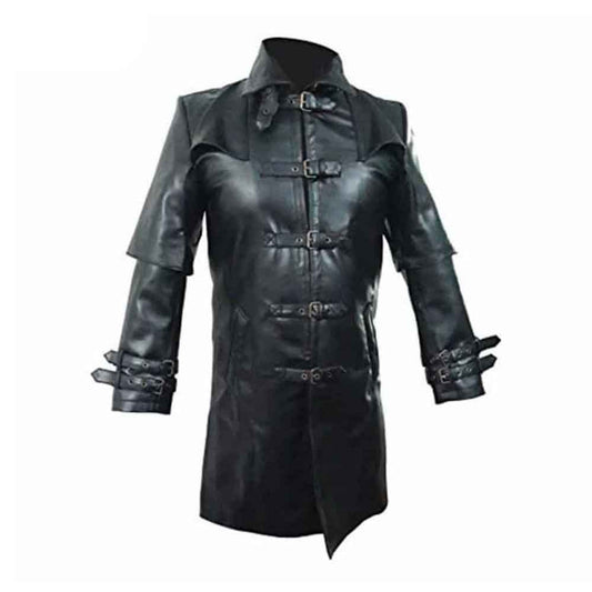 Front centered view of a men's black cowhide leather gothic trench coat showing the shoulder cape, twin buckle collar, and 5 front buckle straps.