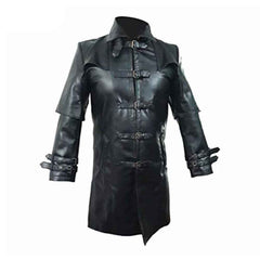 Front centered view of a men's black cowhide leather gothic trench coat showing the shoulder cape, twin buckle collar, and 5 front buckle straps.