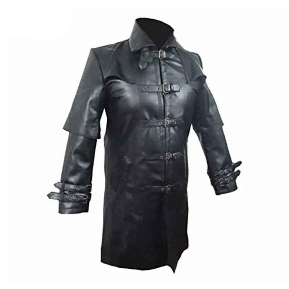 Three-quarter front profile of a men's black leather steampunk duster highlighting the upper shoulder cape and double-buckled wrist cuffs.