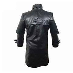 Rear view of a men's black real leather gothic trench coat displaying the back shoulder cape, rear buckle strap detail, and seamless lower back.
