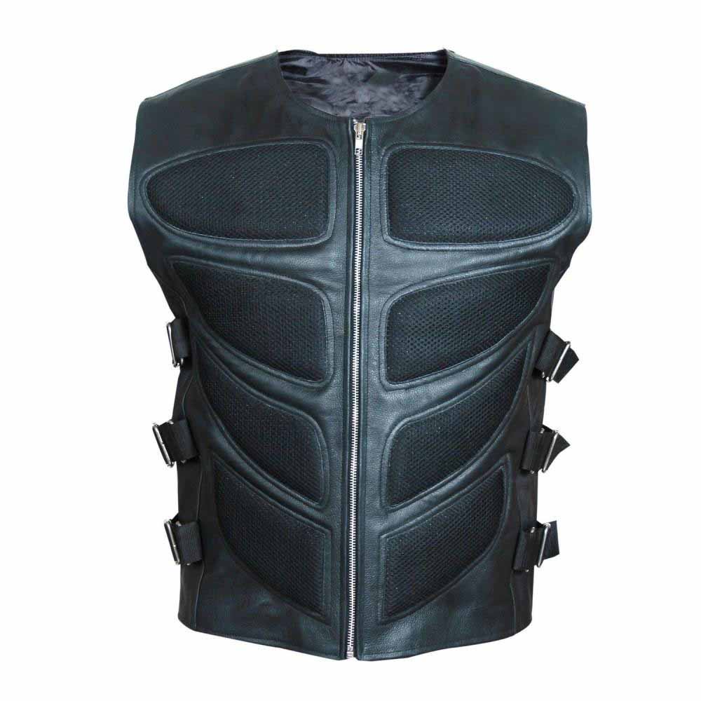 Front view of men's black cowhide leather biker waistcoat vest featuring 8 padded tactical mesh chest panels, front zipper, and six side-adjustment buckles.