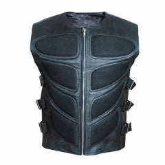 Front view of men's black cowhide leather biker waistcoat vest featuring 8 padded tactical mesh chest panels, front zipper, and six side-adjustment buckles.