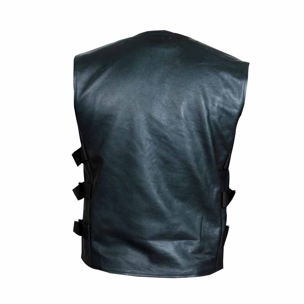 Rear view of men's black leather tactical biker vest showcasing a clean, solid cowhide back panel ideal for motorcycle patches.