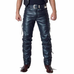 Full front view of men's slim fit black cowhide leather pants with waist belt and side lacing