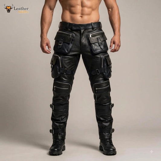 Men's Black Leather Tactical Biker Trousers
