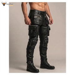 Men's Black Leather Tactical Biker Trousers
