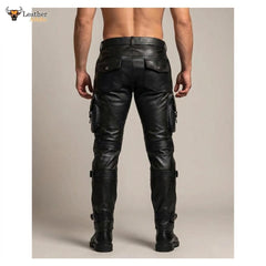 Men's Black Leather Tactical Biker Trousers