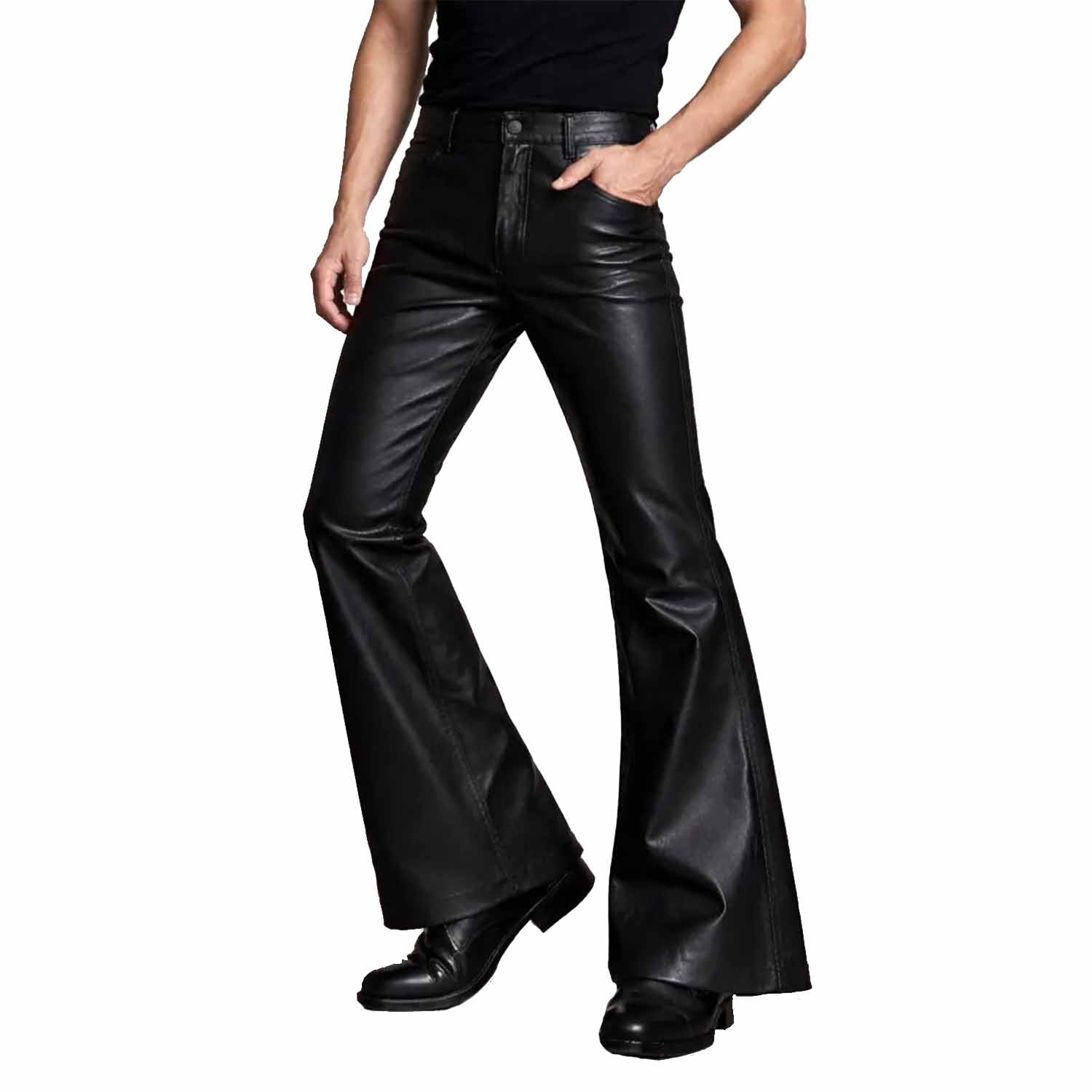 Three-quarter front view highlighting the slim thigh fit and dramatic retro flare on men's black leather trousers.