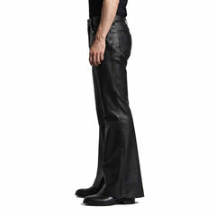 Side profile view showing the tailored line and wide leg opening of men's lambskin leather bell bottoms.