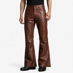 Front view of a man wearing brown genuine lambskin leather bell bottom pants with a high waist and wide flared hem.