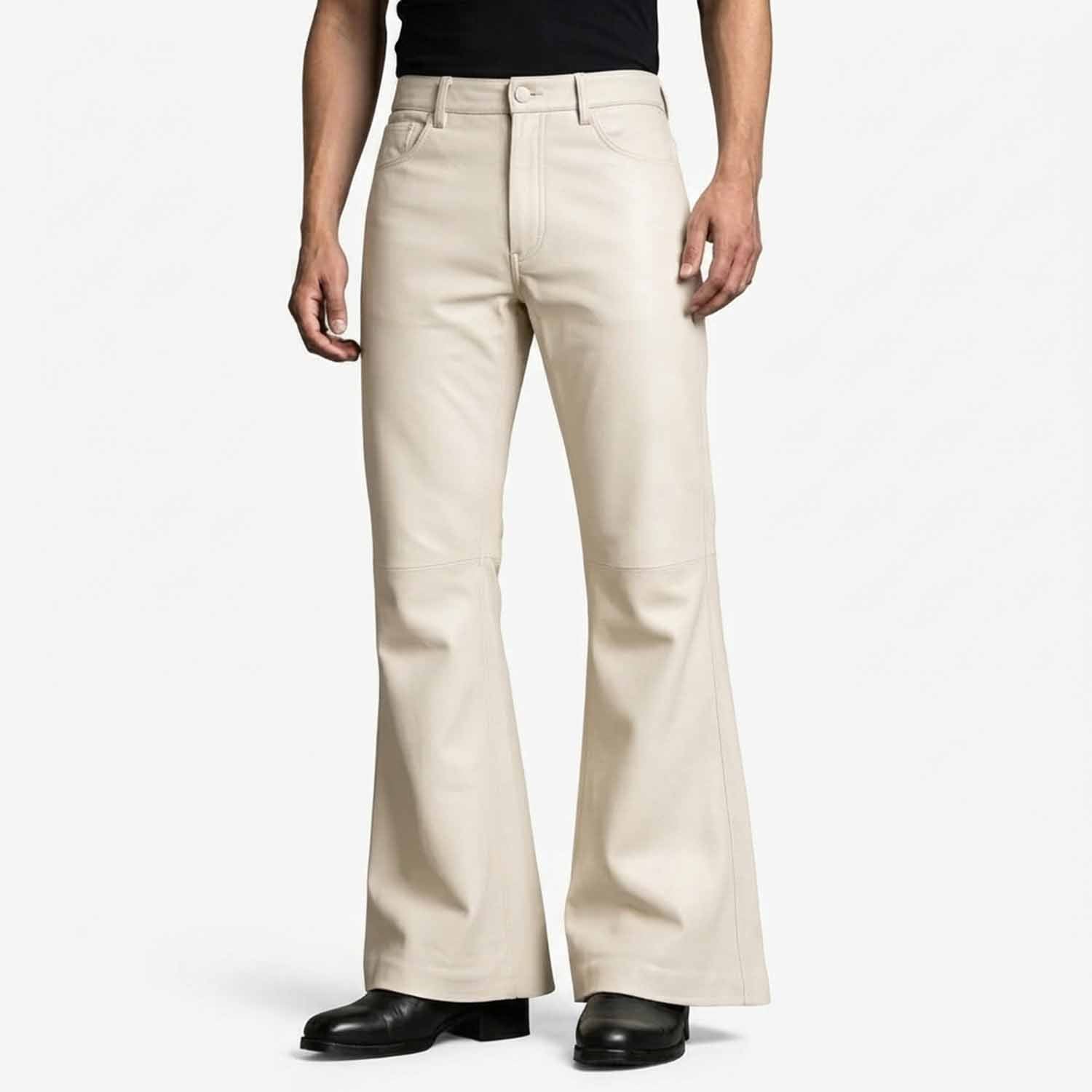 Front view of a man wearing white genuine lambskin leather bell bottom pants with a high waist and wide flared hem.