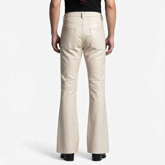 Rear view showcasing the clean back pockets, high waist cut, and wide flared leg opening on black leather trousers.