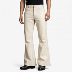 Front view of a man wearing white genuine lambskin leather bell bottom pants with a high waist and wide flared hem.