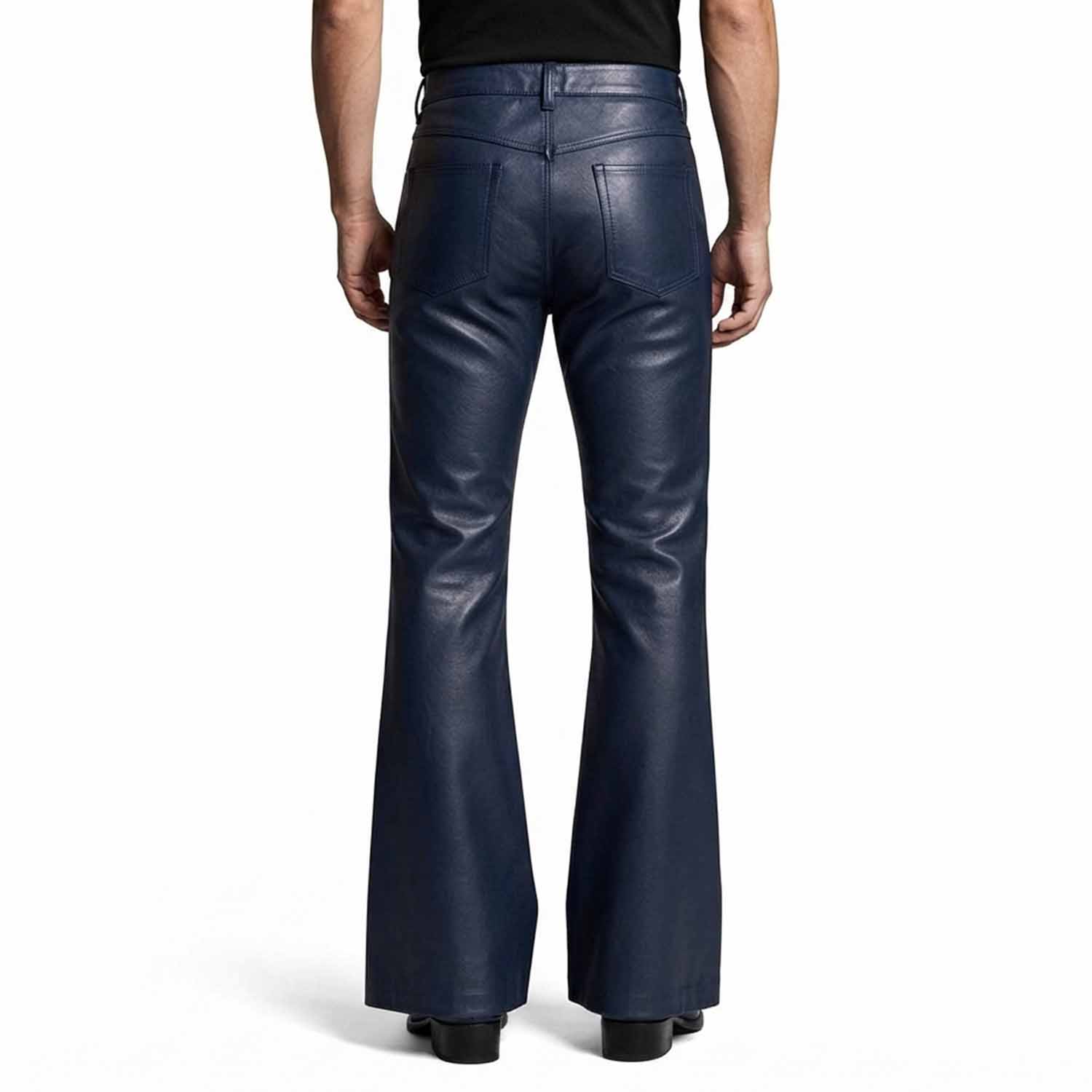 Rear view showcasing the clean back pockets, high waist cut, and wide flared leg opening on black leather trousers.