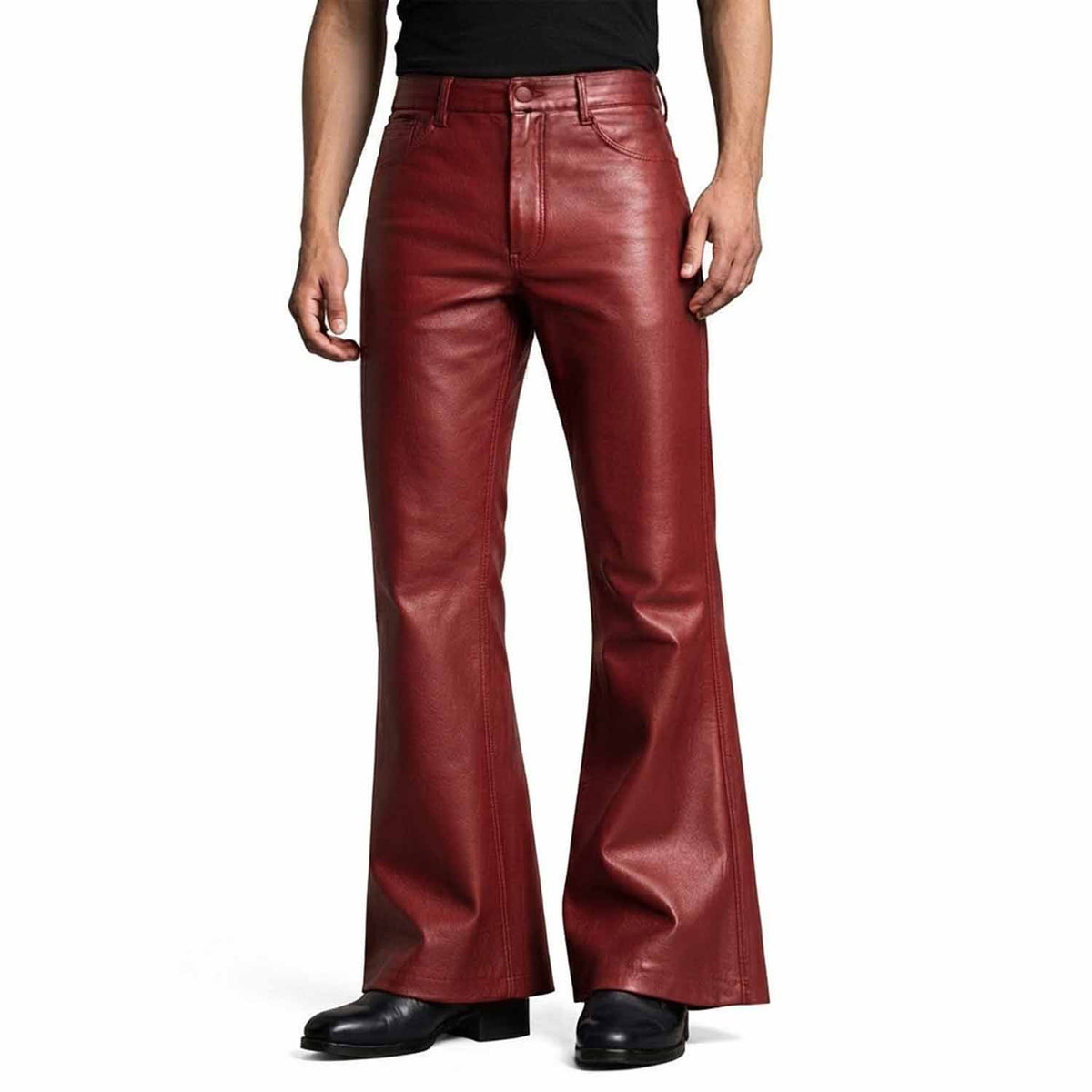 Front view of a man wearing red genuine lambskin leather bell bottom pants with a high waist and wide flared hem.