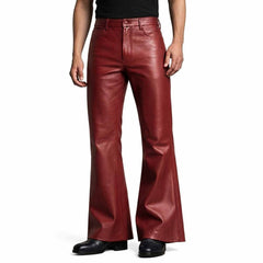 Front view of a man wearing red genuine lambskin leather bell bottom pants with a high waist and wide flared hem.