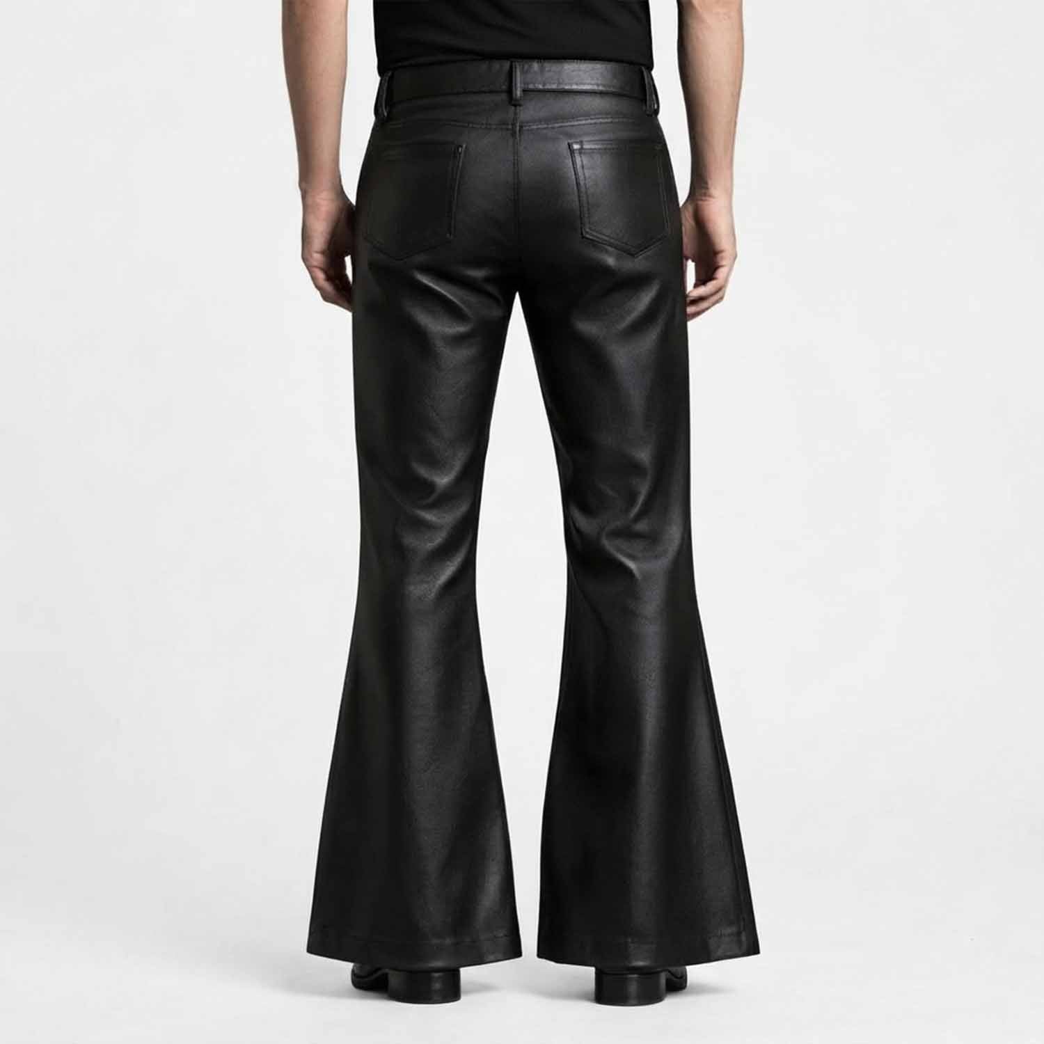 Rear view showcasing the clean back pockets, high waist cut, and wide flared leg opening on black leather trousers.