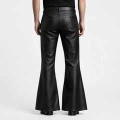 Rear view showcasing the clean back pockets, high waist cut, and wide flared leg opening on black leather trousers.